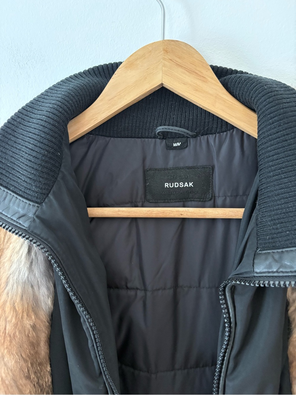 RUDSAK Black Down Fur Trimmed Midi Parka Leather Sleeves Size Medium Luxury Chic - Picture 8 of 16